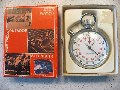 Vtg Swiss Made Majestime 1/10 Contador Compteur Stoppuhr Stop Watch in Orig. Box