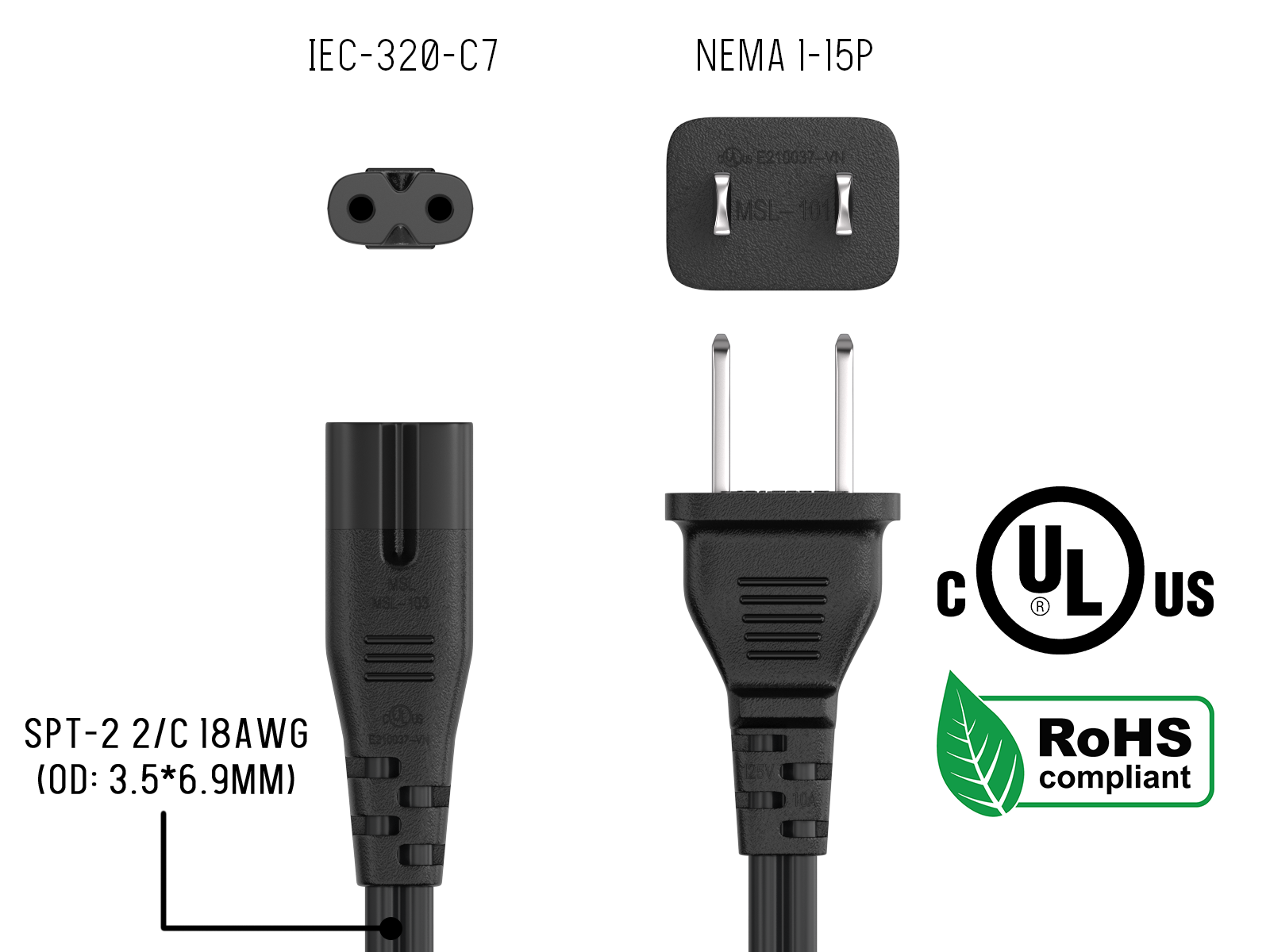 3 ft 18 AWG Notebook Power Cord, Non-Polarized (IEC320 C7 to NEMA 1-15P)