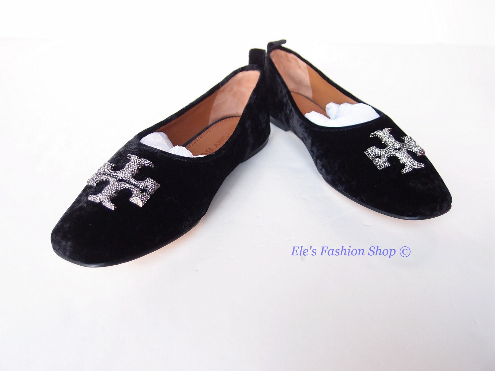 Pre-owned Tory Burch Eleanor Pave Crystal Logo Velvet Ballet Flat Black 7 7.5 8 8.5 9