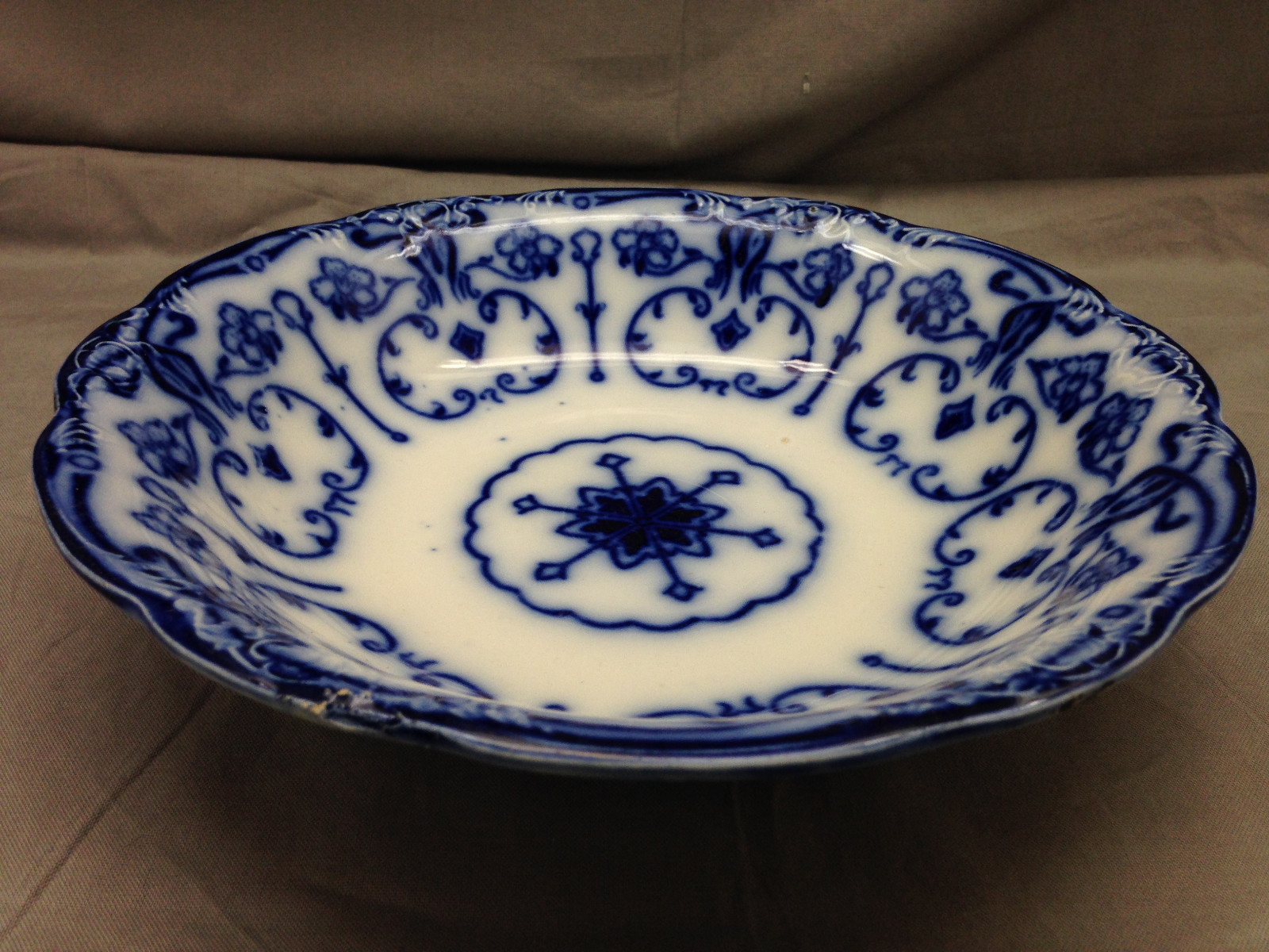 Antique Conway New Wharf Pottery Flow Blue Vegetable Bowl Scrolls Stars Embossed