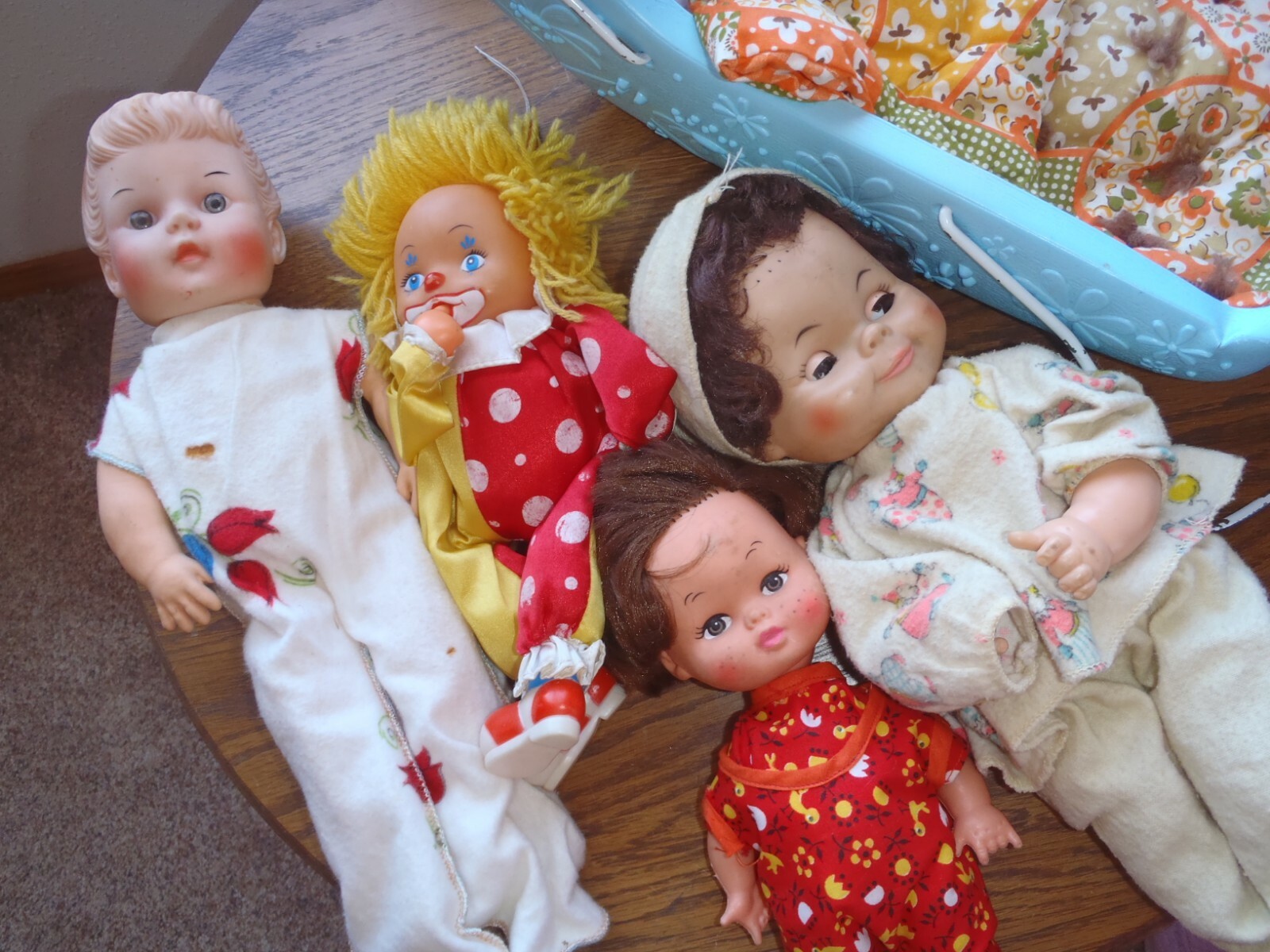 VINTAGE BABY DOLLS MIXED LOT,WITH CRIB OPEN AND CLOSE EYES ON TWO DOLLS