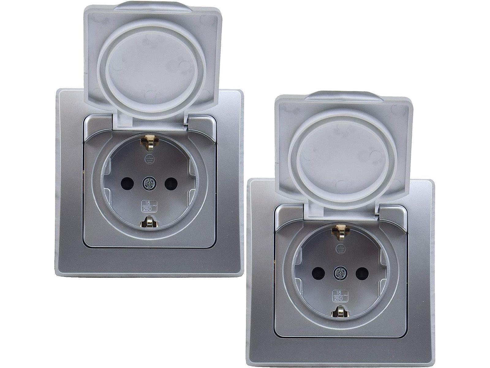 DELPHI Steckdose Unterputz IP44 2 Feuchtraum Steckdose Deckel Terasse silber SET