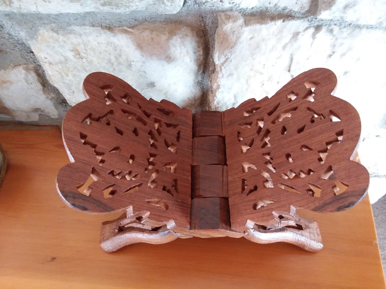 Vintage Hand Carved Teak Wood Book Recipe Cookbook Bible Stand Holder Folding