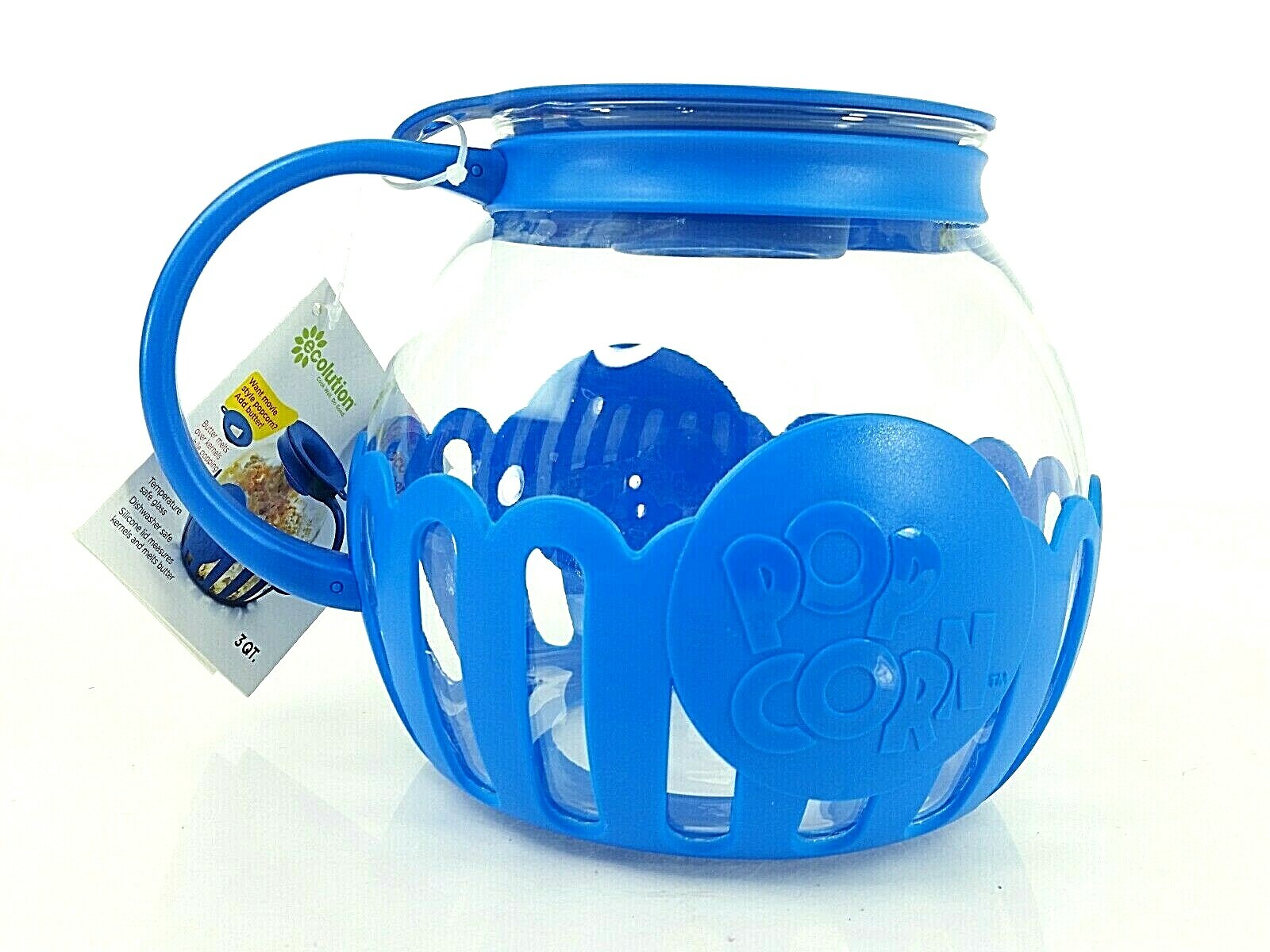 Ecolution Blue Micro-Pop Microwave Popcorn Popper 3QT Temperature Safe Glass