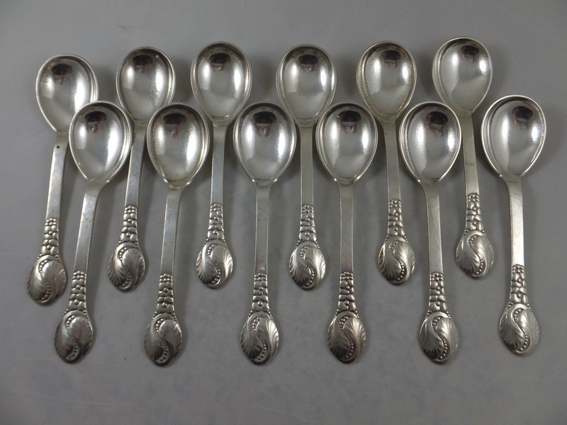 Evald Nielsen # 12 Sterling Silver Spoons (12) Hand Hammered