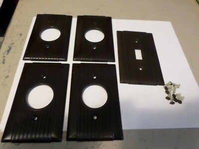 5 Vintage Art Deco Bryant Electric Brown Ribbed Single Hole & Switch Plate Cover