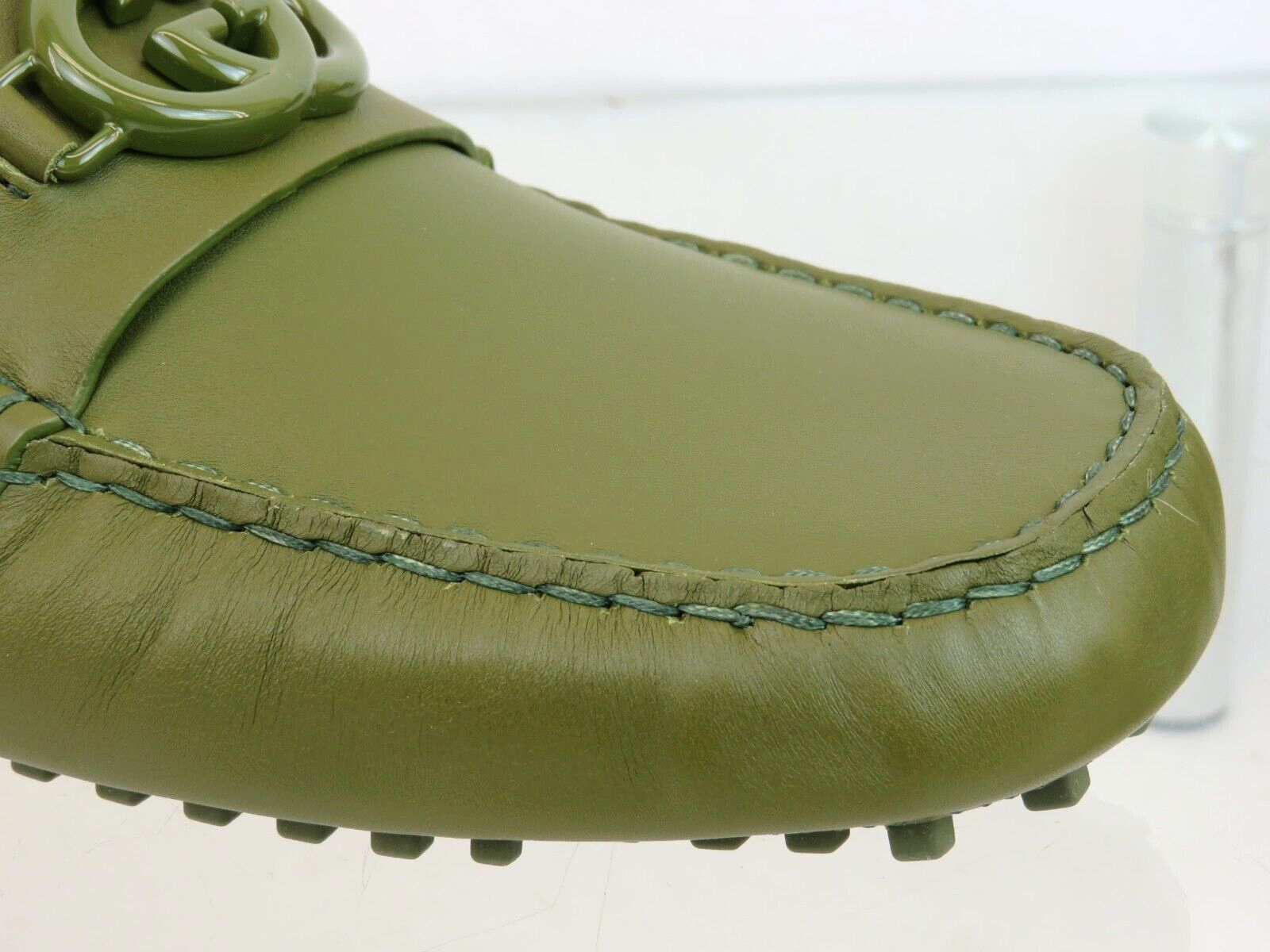 Pre-owned Gucci 692379 Olive Green Leather Gg Logo Moccasin Driving Loafers 10 / Us 11
