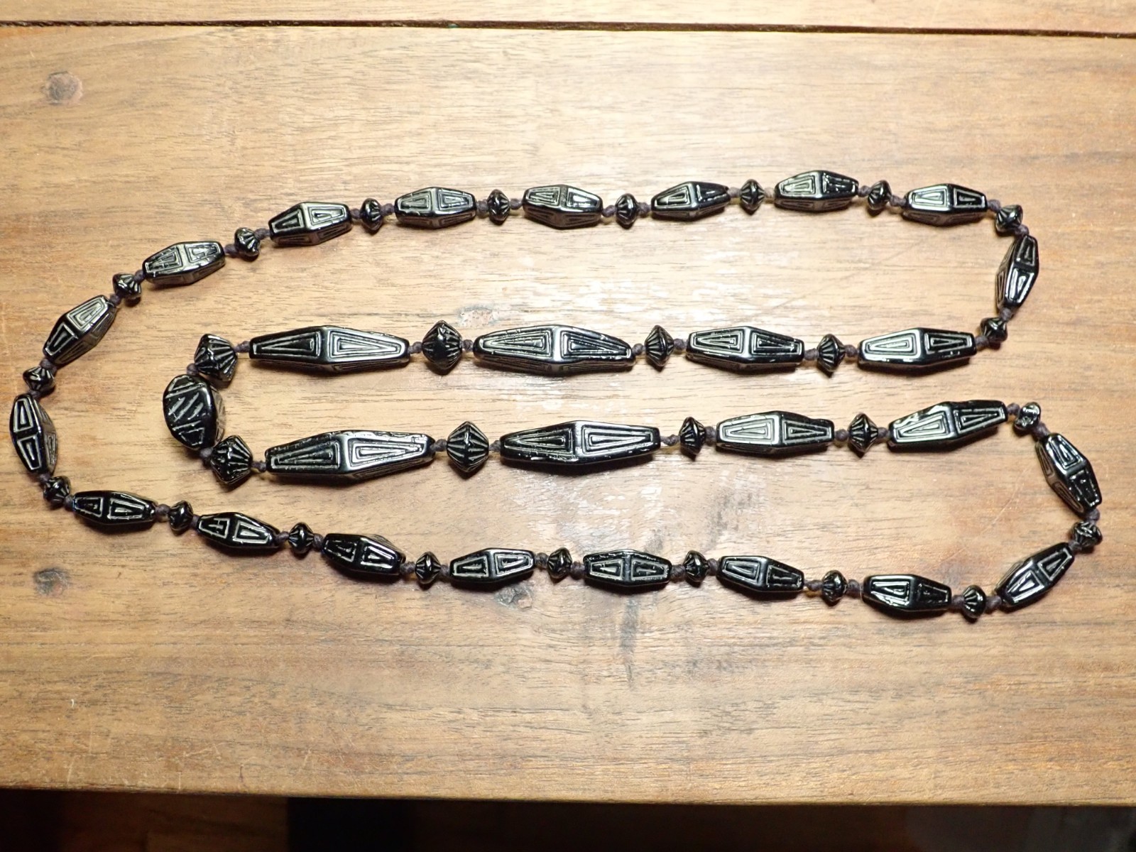 Antique Victorian Bog Oak Mourning Necklace~Hand Carved & Double Knotted~ca1880