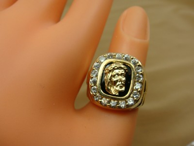 10K YG Mens Onyx JESUS Head with CZ's Ring - Size 7.25 - Iced Out