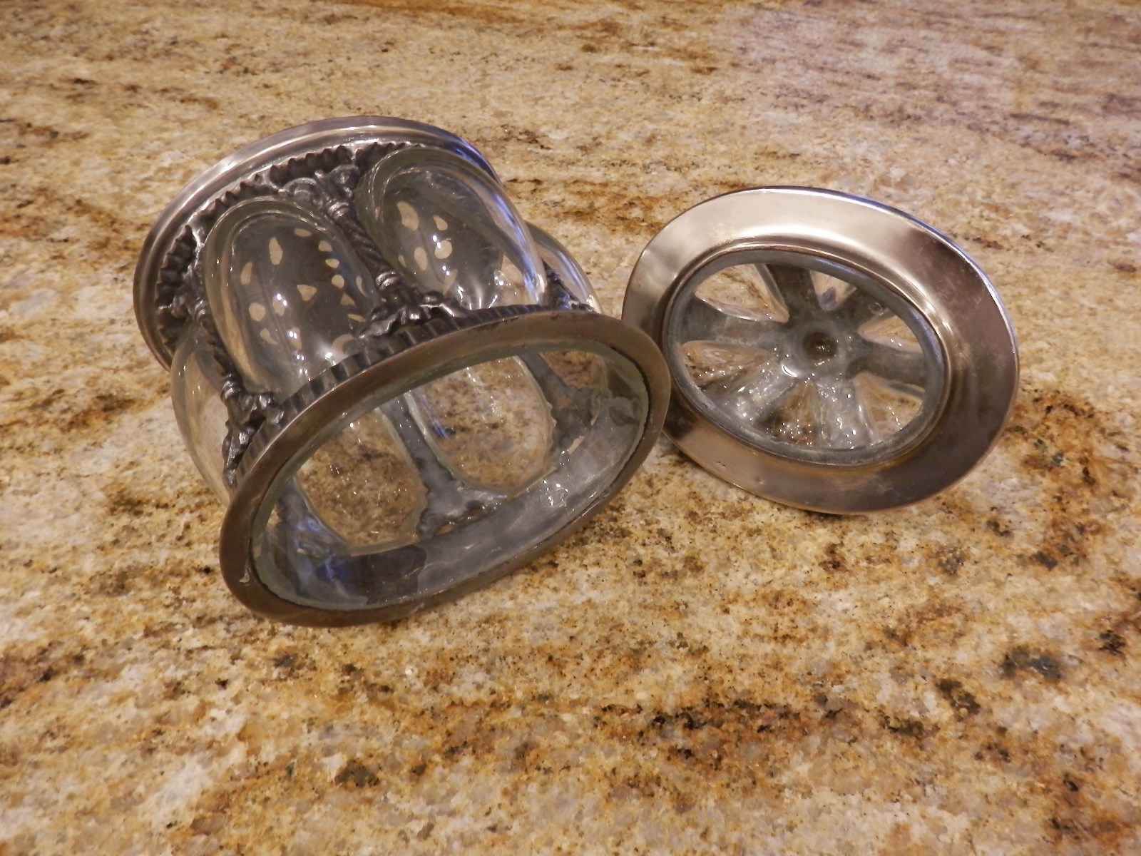 ANTIQUE GLASS AND METAL COVERED JAR CANISTER HAND BLOWN BUBBLE GLASS