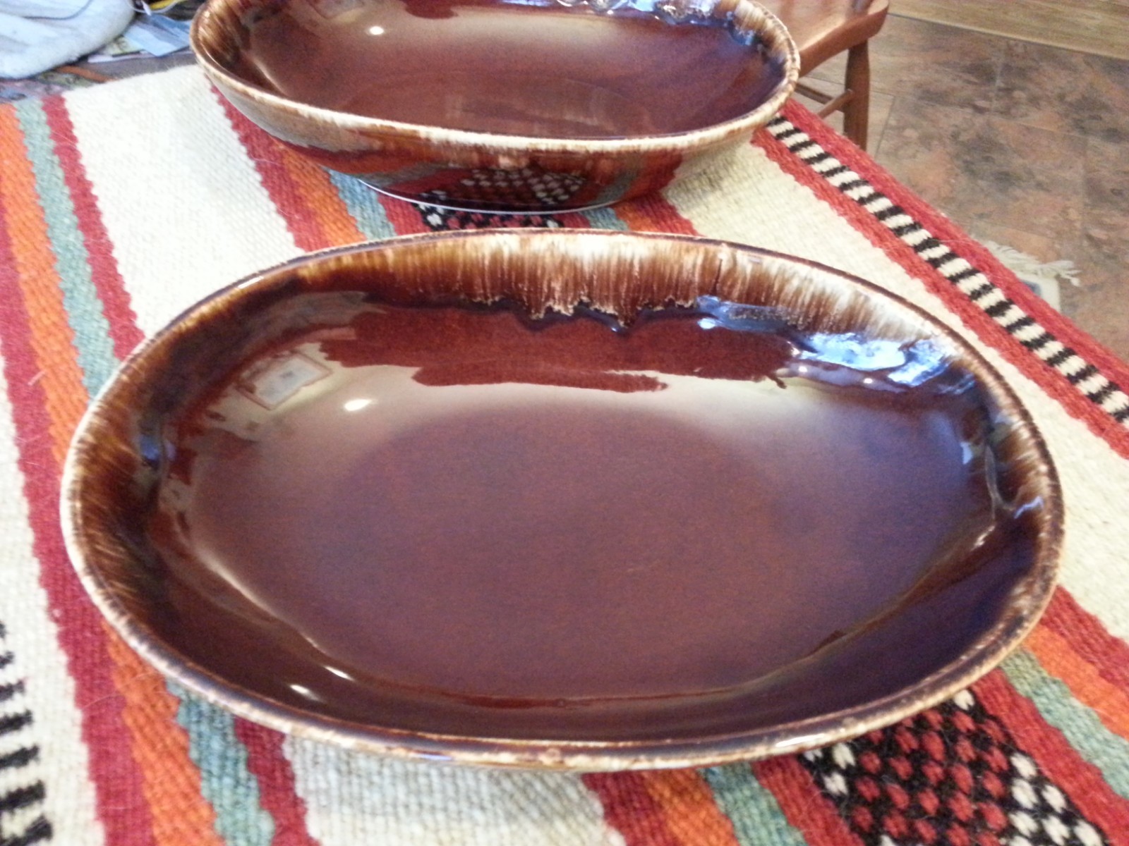 2 Vintage Kathy Kale McCoy Brown Drip Ceramic Oval Serving Bowl, collectible