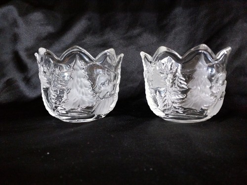 2 MIKASA HOLIDAY LANDSCAPE GIRL SNOW CANDLE HOLDER VOTIVE CANDY NUT BOWLS DISH