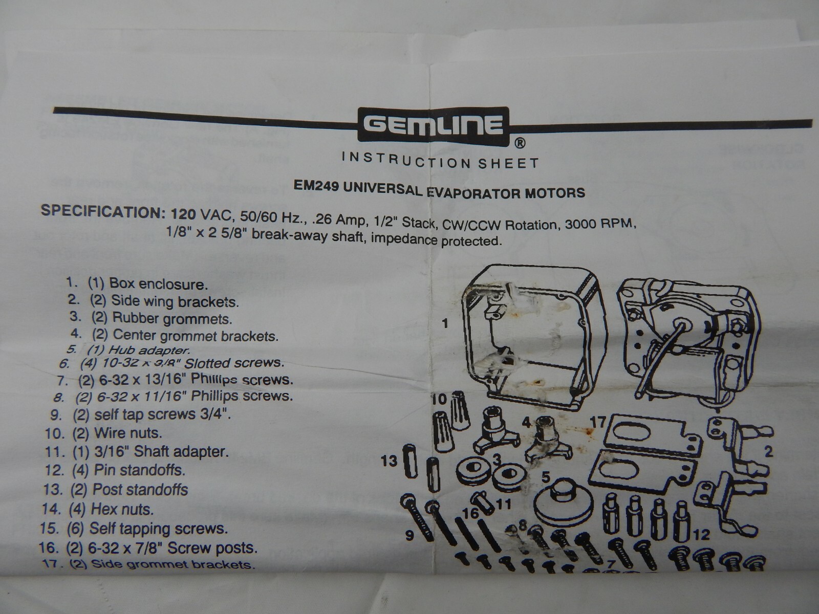 Gemline EM249 Universal Evap. Motor 120VAC 50/60hz. .26Amp 1/2