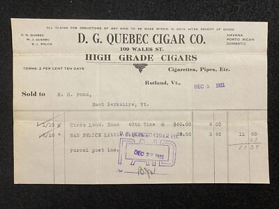 Rutland Vermont VT Cigar Company 1921 Letter Bill Receipt