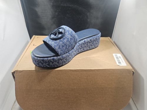 Michael Kors Sadler Logo Jacquard Wedge Sandals Blue Size