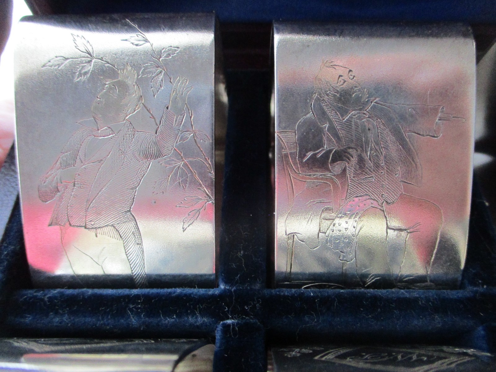 6 Antique Charles Dickens Characters Etched Silverplate Napkin Rings OOAK 19th C