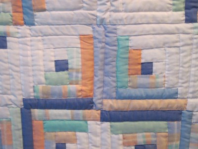 Blue Multi-Colored Handmade Patchwork Log Cabin Baby Quilt 38