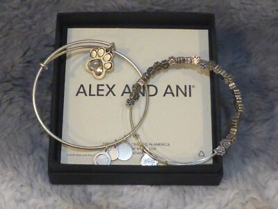 Alex  And Ani Paw Print Set of 2 Silver Tone Bangle Bracelets NIB $42