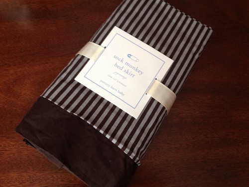 POTTERY BARN KIDS Chocolate Stripe CRIB/ TODDLER BED SKIRT SOCK MONKEY