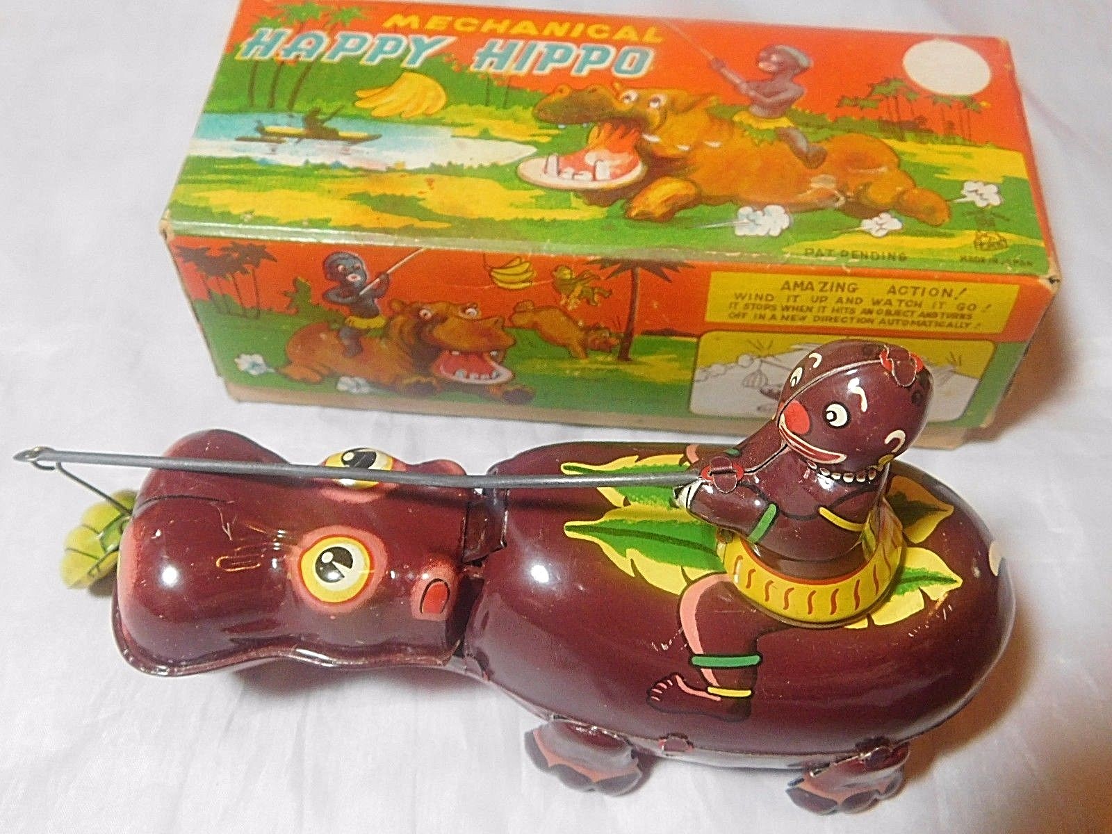 VINTAGE MECHNANICAL TIN HAPPY HIPPO WIND-UP by TPS JAPAN in ORIGINAL BOX