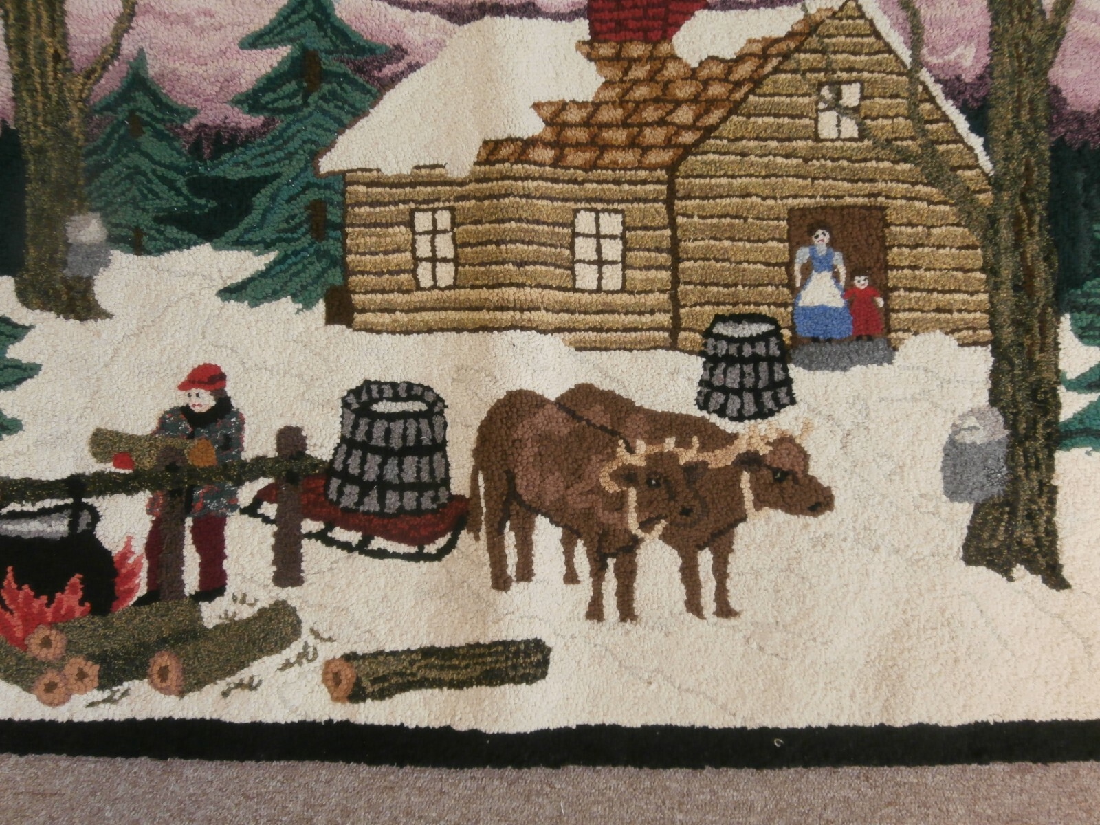 PICTORIAL FOLK ART HOOKED RUG VERMONT WINTER SCENE HORSE & SLEIGH MAPLE SUGAR