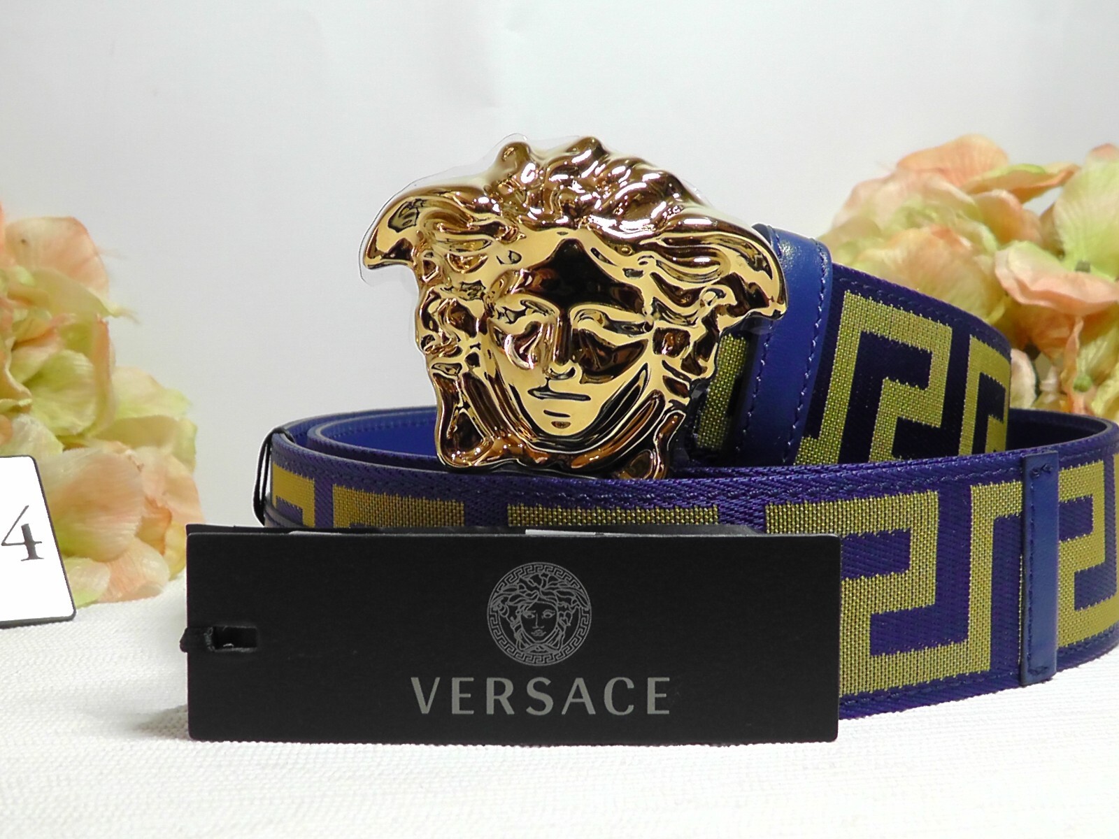Pre-owned Versace Men's La Medusa Blue / Gold Web Belt Size 95cm Or 37 Inches$495nwt