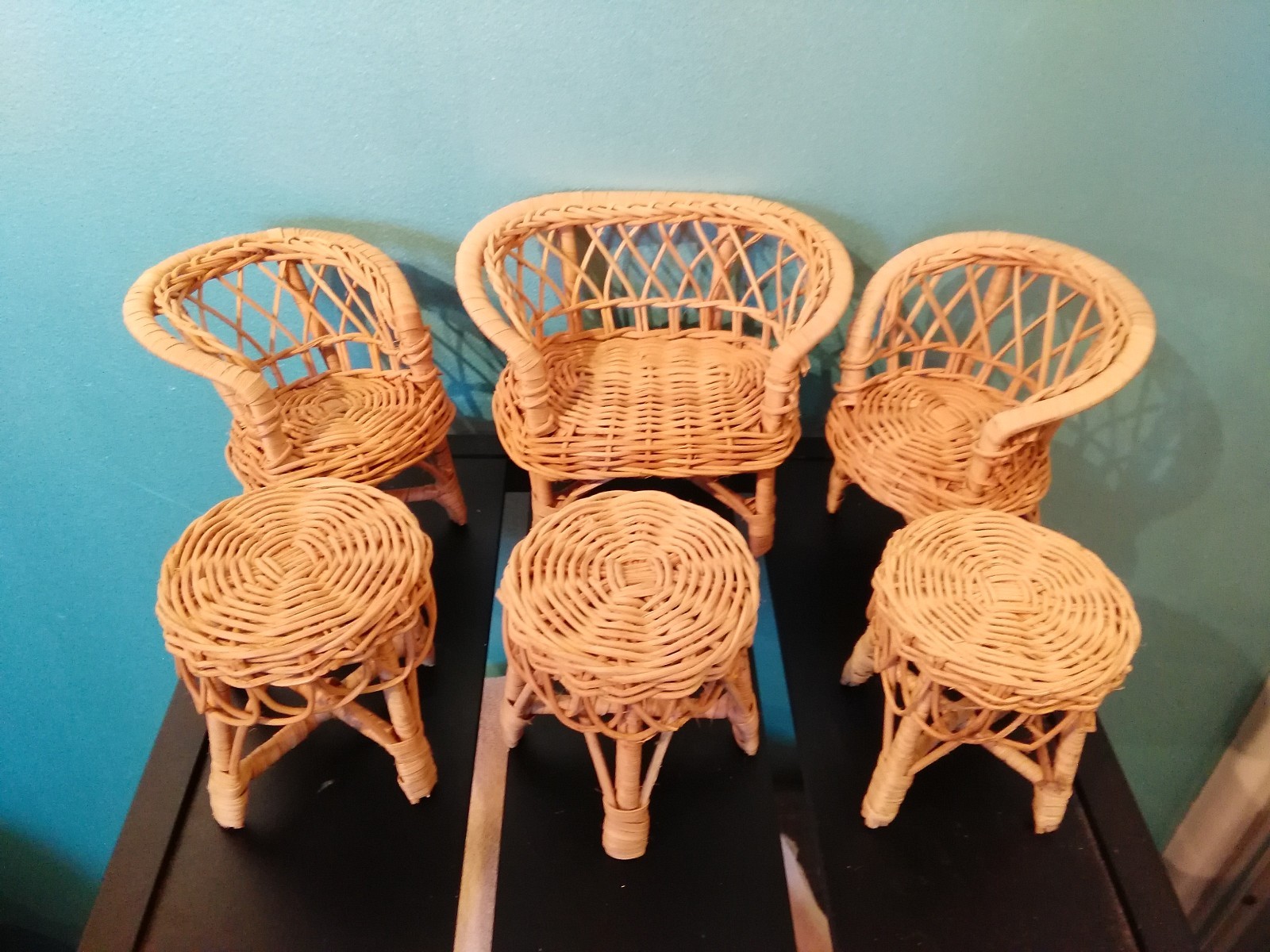 6 Pieces Vintage Barbie Doll Rattan Wicker Woven Furniture Chairs Loveseat Table
