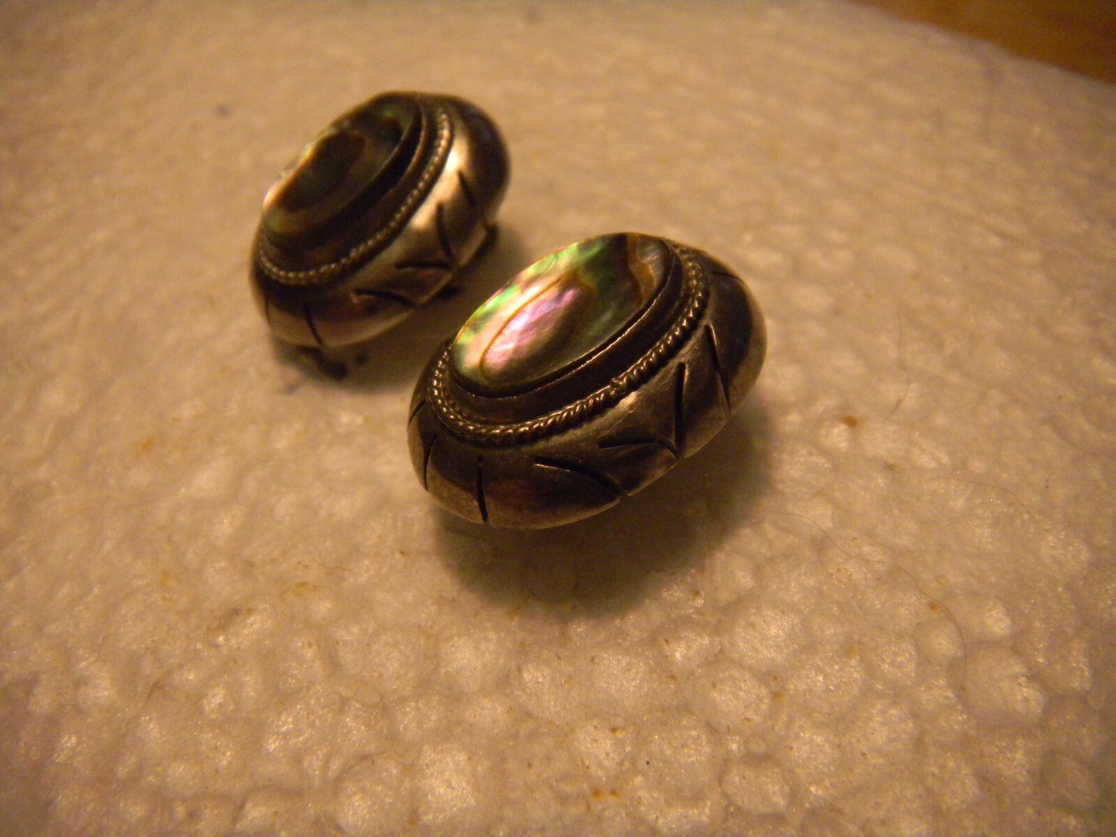 Vintage Clip On Earrings 925 Sterling Abalone Inlay Mexico Taxco Hallmark Cross