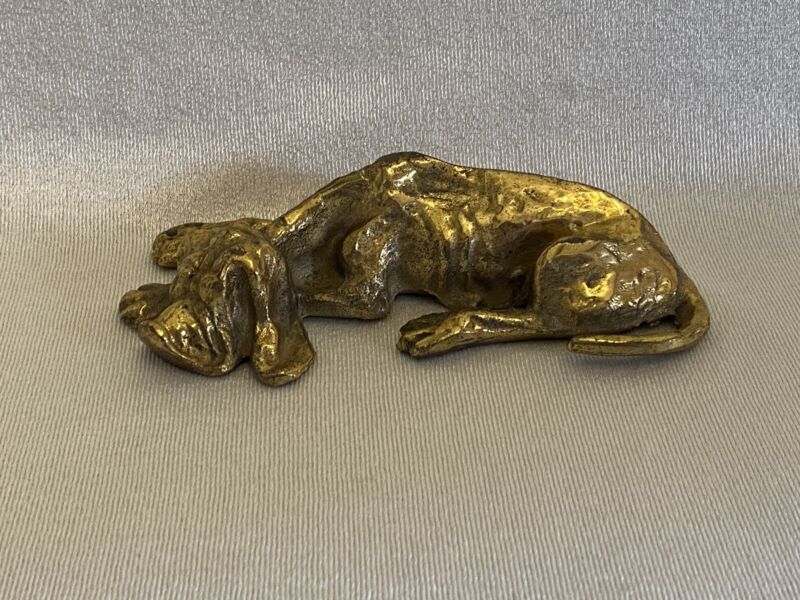Vintage Brass Cast Metal Sleeping Hound Dog Figurine 5.5”