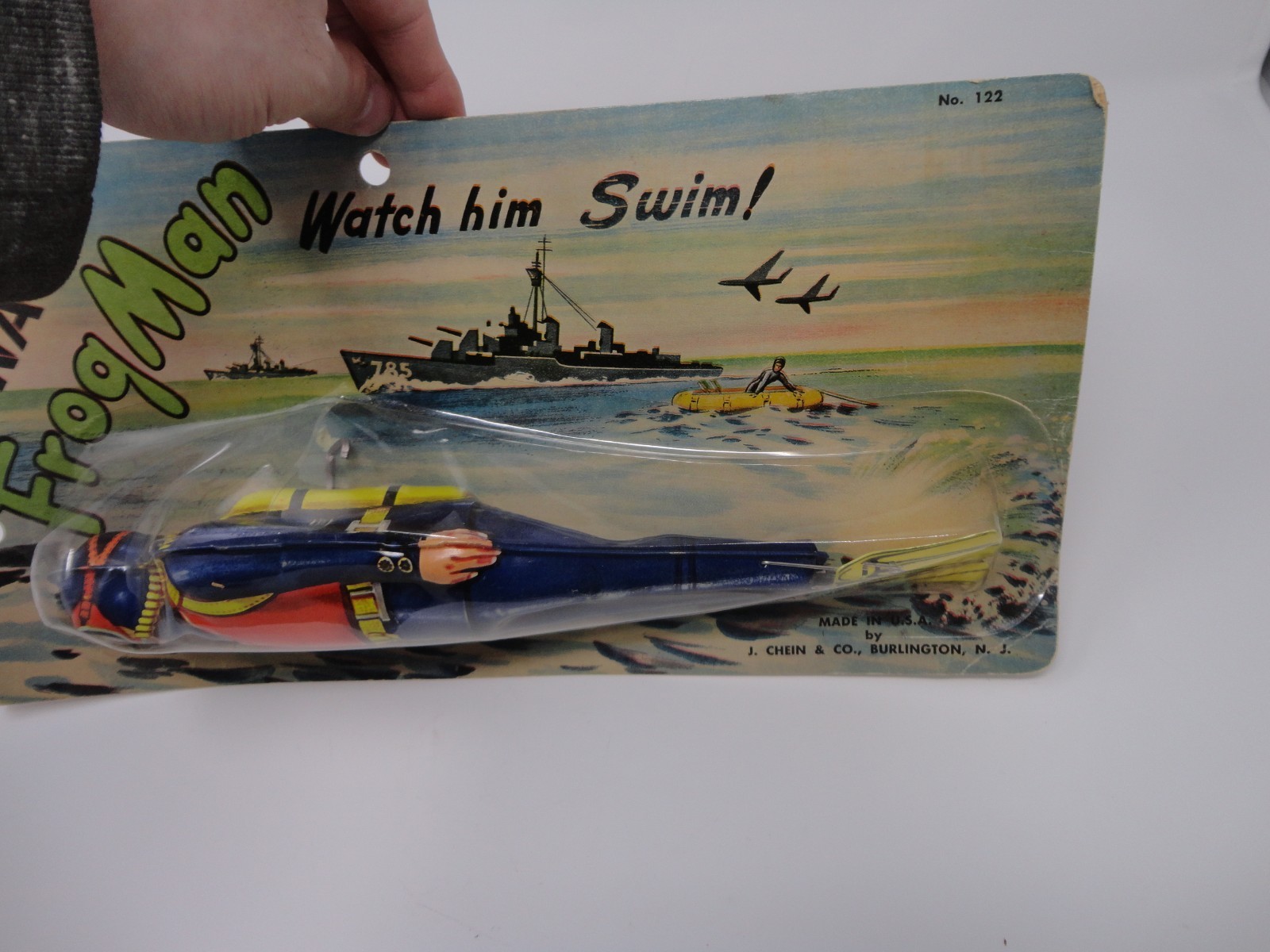 Vintage 1950's J. CHEIN Tin Litho Windup Navy Frogman NOS on Card!