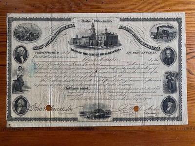 1855 Philadelphia $7000 Loan Bond Financier Charles Henry Fisher Nice Vignettes