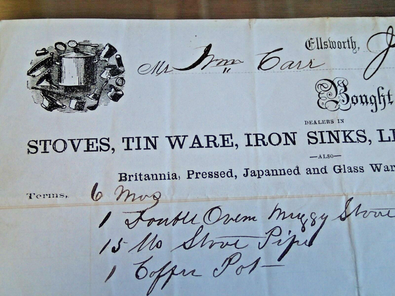 1864 Aiken Brothers Stoves Tin Ware Iron Sinks Lead Pipe Pumps Billhead