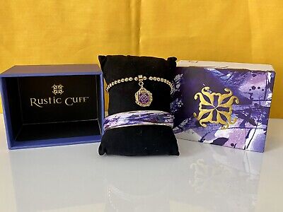 Rustic Cuff Gold Bead Stretch Bracelet & Purple/White Enamel Bangle Set of 2 Box