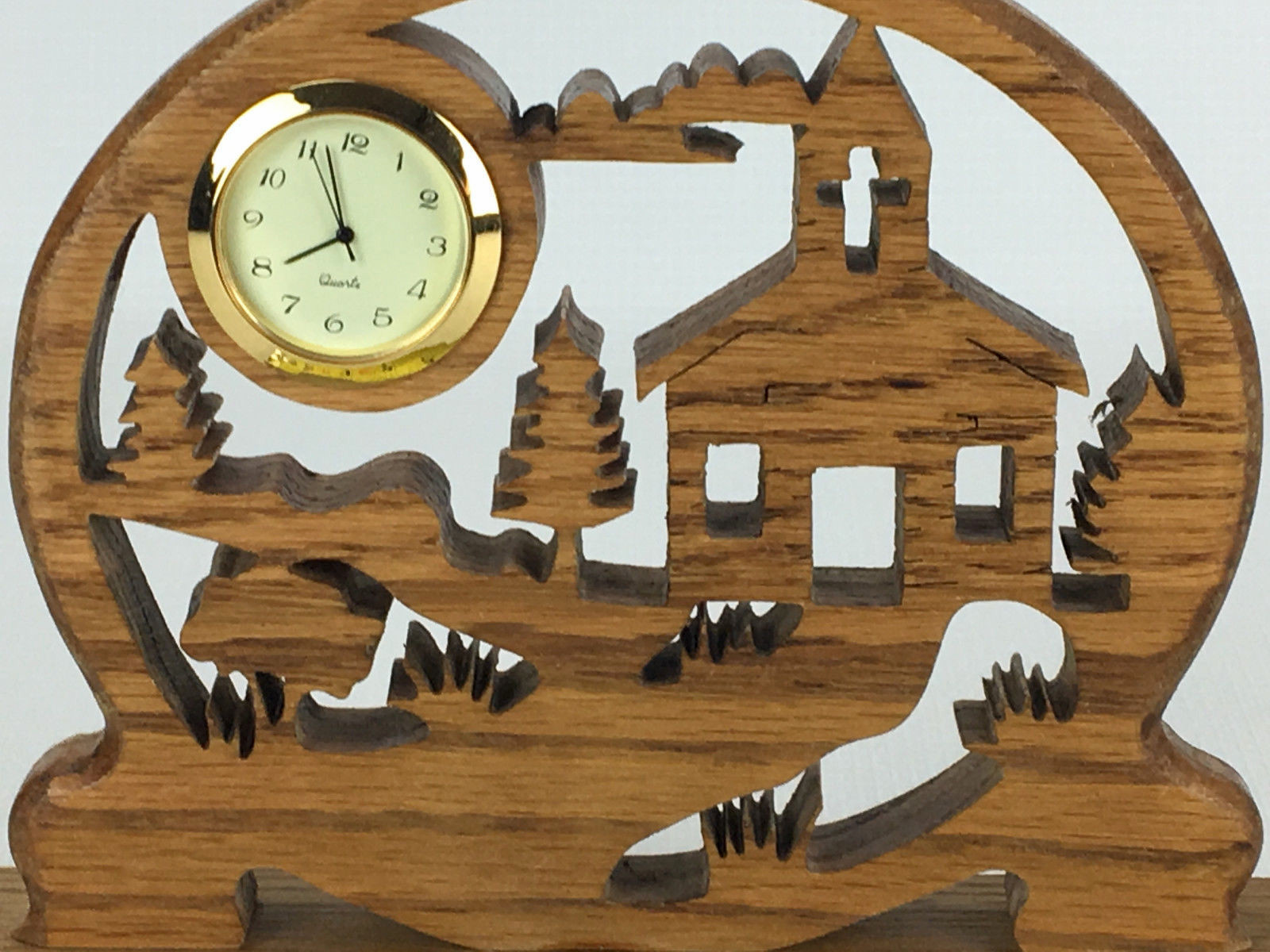 Laser Cut Wood Mantle Shelf Clock - Church Scene - Battery Operated