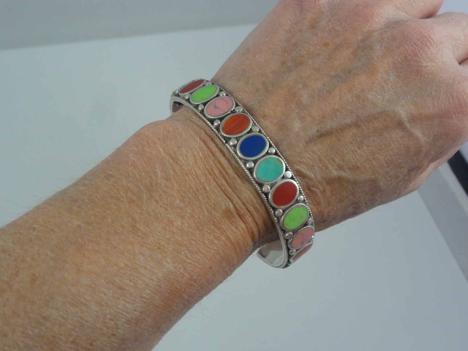 Estate SE Sterling Silver Multi Color Turquise Coral Lapis Cuff Bracelet 925