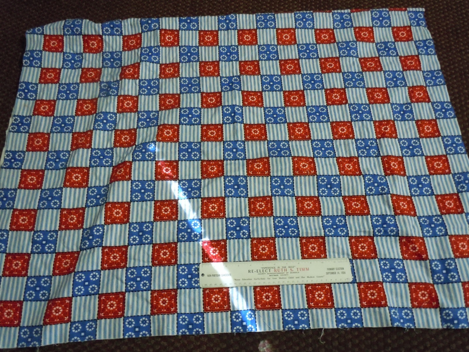 Vintage DENIM FABRIC, Stripe Checked Red, White & Blue Fabric