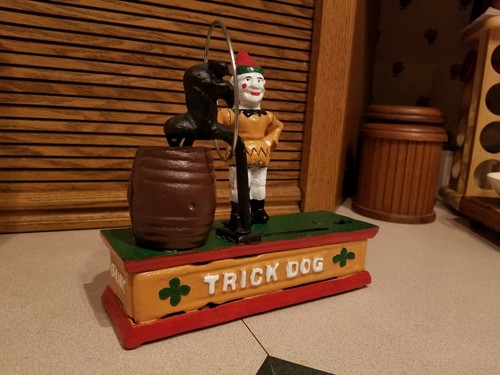 Vintage Cast Iron Mechanical Bank Clown & Trick Dog Hand Painted Complete, Works