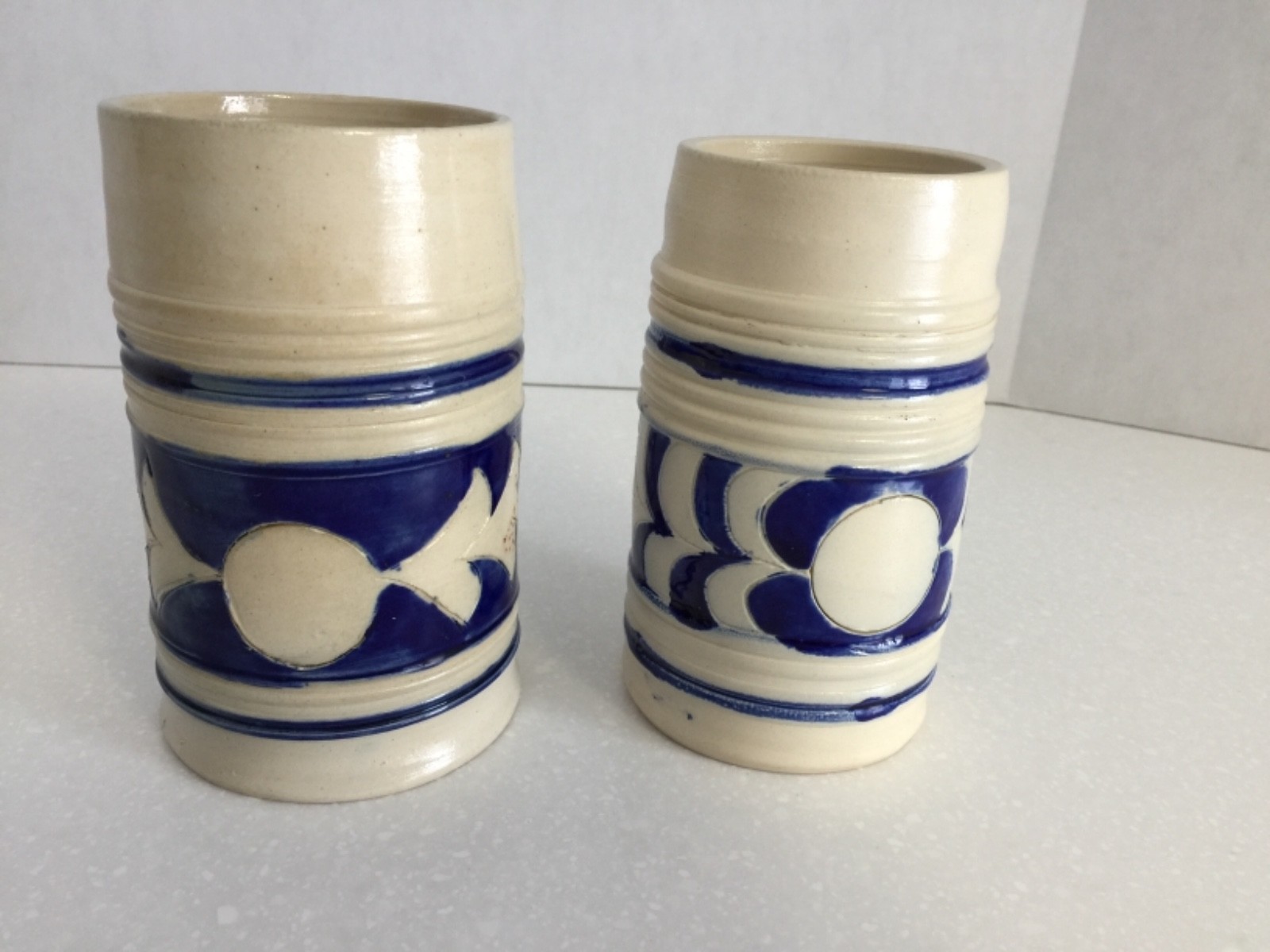 Stoneware Beer Mugs w Cobalt Blue stenciling - Set of 2 - Unmarked