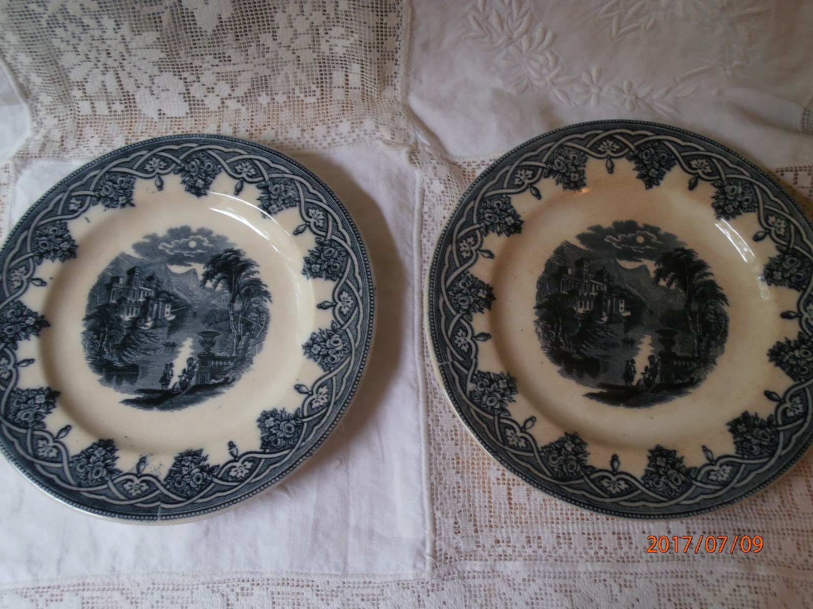 2 Antique Vintage Blue Transferware Plates Salad 7 3/4