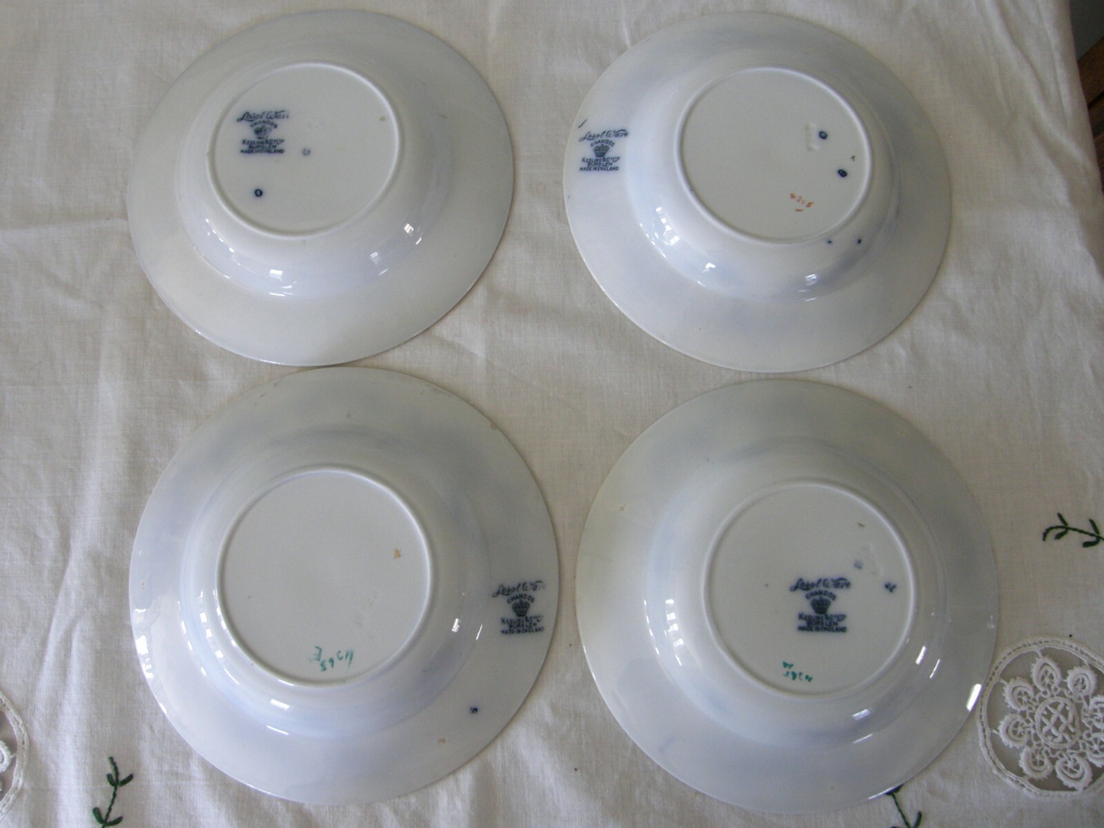 SET 4 VINTAGE ART DECO KEELING & Co  LOSOL WARE BOWLS CHANDOS BURSLEM FLOW BLUE