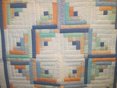 Blue Multi-Colored Handmade Patchwork Log Cabin Baby Quilt 38