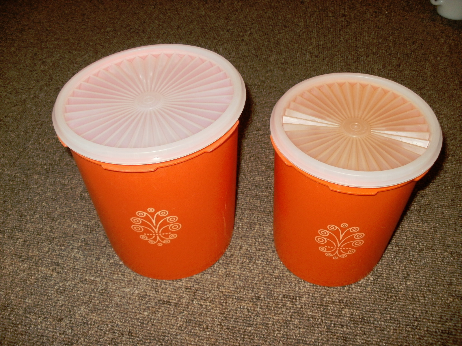 Vintage Tupperware Canisters Servalier Lot of 2 Orange Clear Tops 809-13 807-7