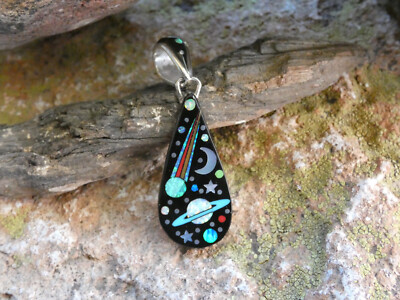 Galaxy Night Sky Saturn Micro Inlay Gemstone Sterling Silver 925 Pendant Q95