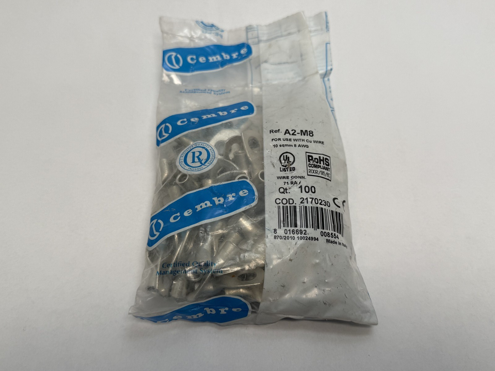 Cembre A2-M8 Tube Lug 10mm2 8 AWG M8 Stud Tinned Copper 2170230 Bag Of 100