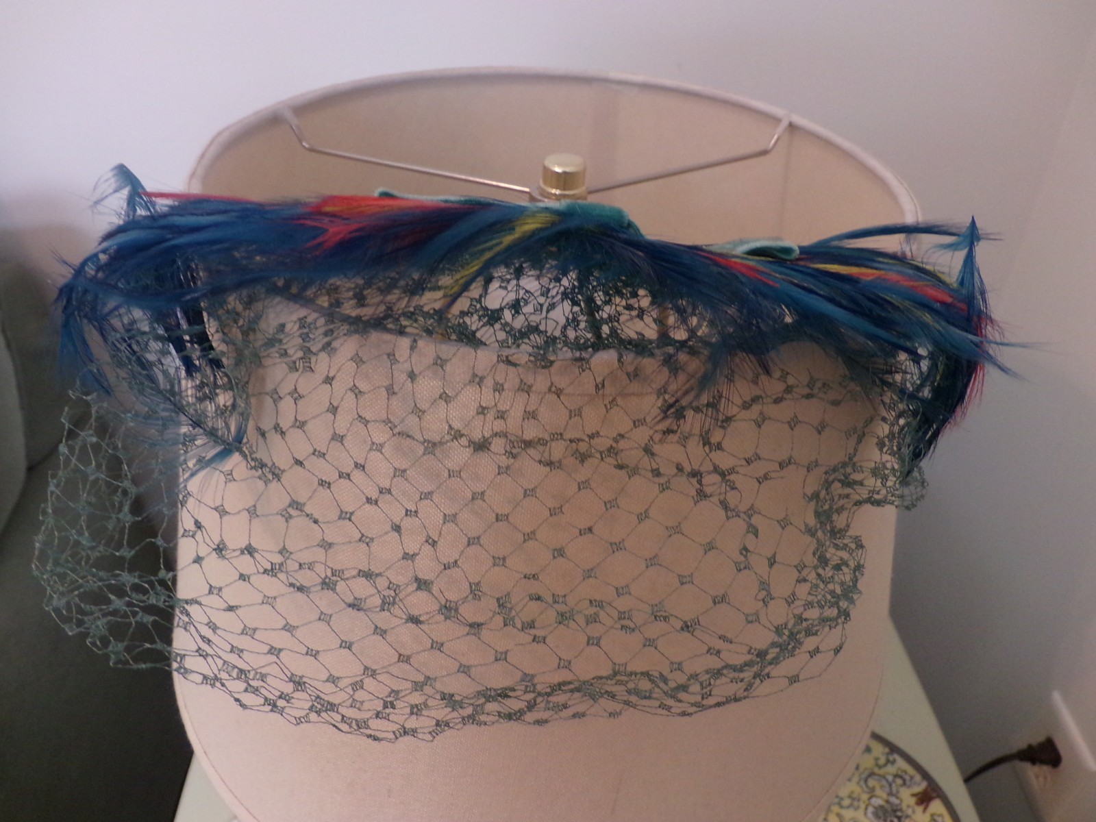 Vintage Ladies Hat Feather Hat with face netting, Union Made