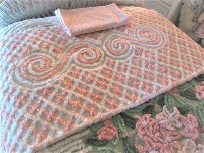 Summer Picnic Watermelon & White Plaid Vintage Chenille Bedspread Fabric Piece