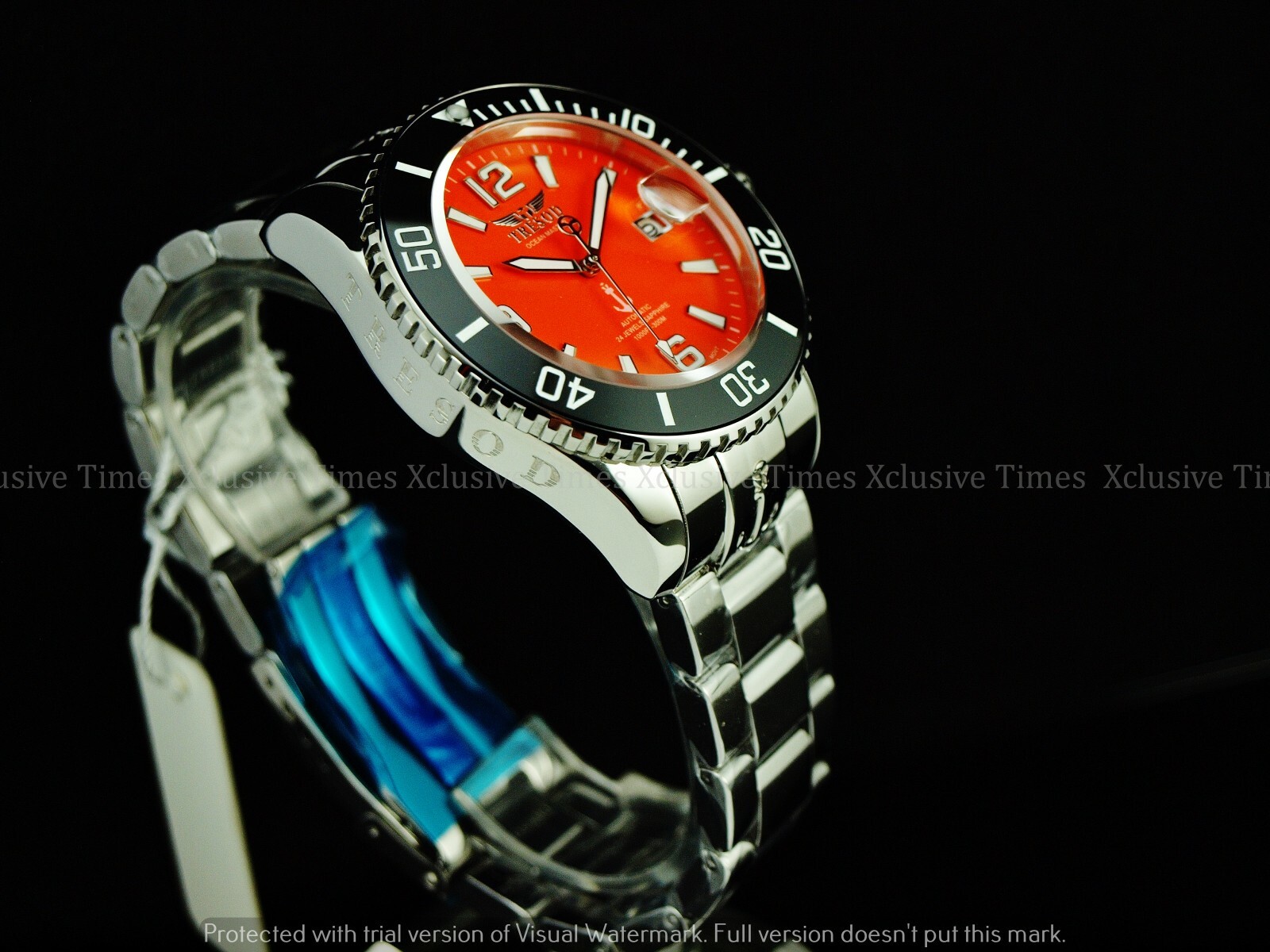 Pre-owned Tresod Men Superlume Ocean Master Auto Orange Dial Sapphire Crystal Ss Watch