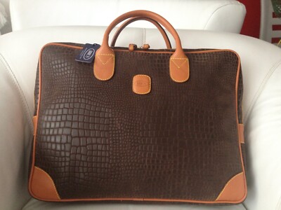 BRIC'S MILANO LIFE L COCCO BRIEFCASE TOBACCO CROCO EMBOSSED LEATHER COMPUTER BAG