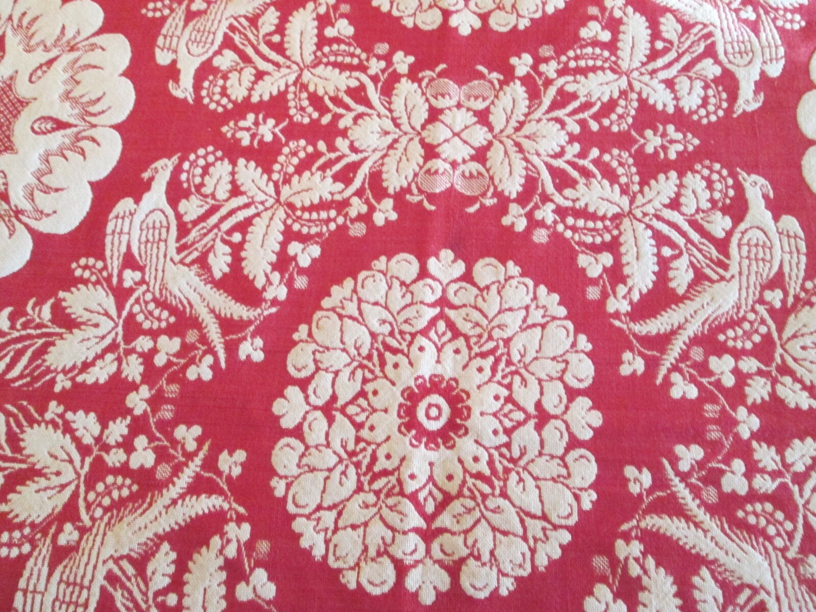 ANTIQUE VTG JACQUARD WOVEN BED COVERLET BIRDS FLORAL RED & ECRU 80