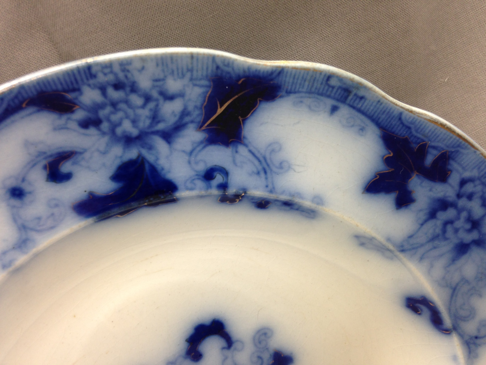 Antique Brugess & Campbell Flow Blue Rimmed Soup Bowl Balmoral Royal Gold Trim